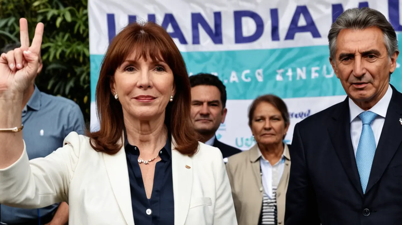 La candidata presidencial Patricia Bullrich, junto a su compañero de fórmula Jorge Macri, se unieron a otros políticos en una campaña para combatir la propagación del coronavirus en el país.. Fo