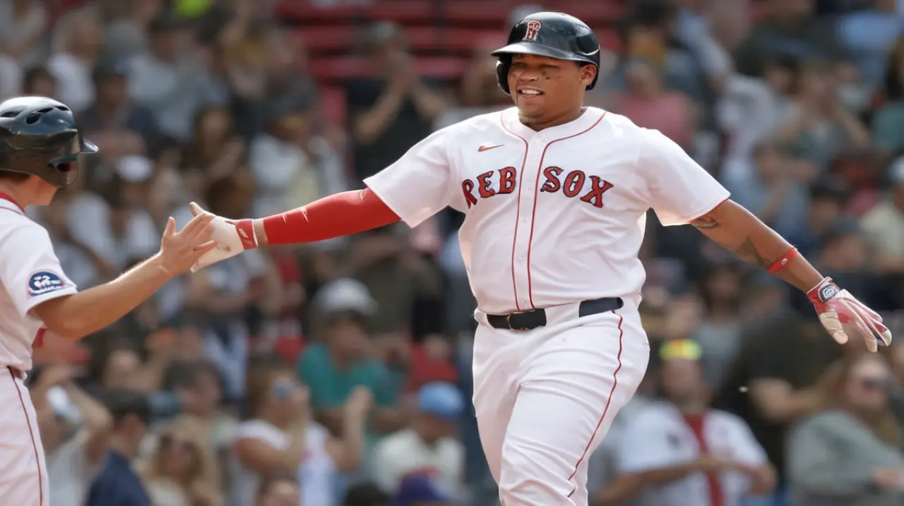 El joven Rafael Devers emite un mensaje de advertencia a los Medias Rojos, indicando que no deben intentar avanzar a la primera base sin precaución.. Foto: Redacción InfoArticulos
