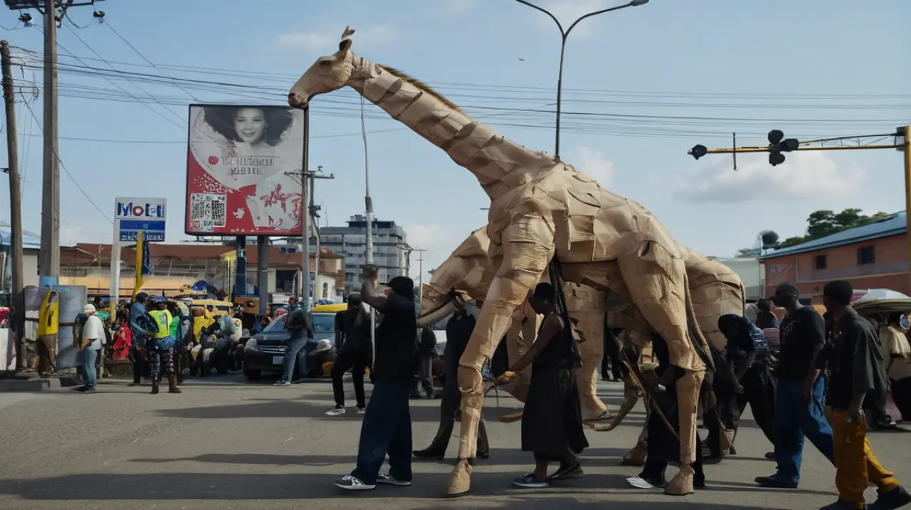 Una gira teatral de animales de cartón llega a Nigeria con un mensaje claro: la acción contra el cambio climático es urgente.. Foto: Redacción InfoArticulos