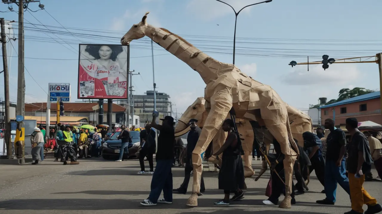 Una gira teatral de animales de cartón llega a Nigeria con un mensaje claro: la acción contra el cambio climático es urgente.. Foto: Redacción InfoArticulos