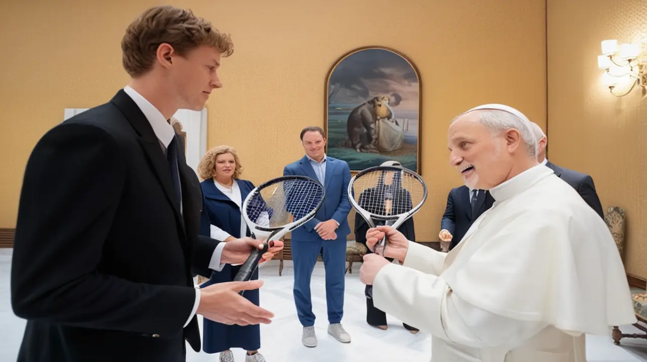 El Papa León XIV se reencontró con Sinner, quien le obsequió una raqueta de tenis número uno.. Foto: Redacción InfoArticulos