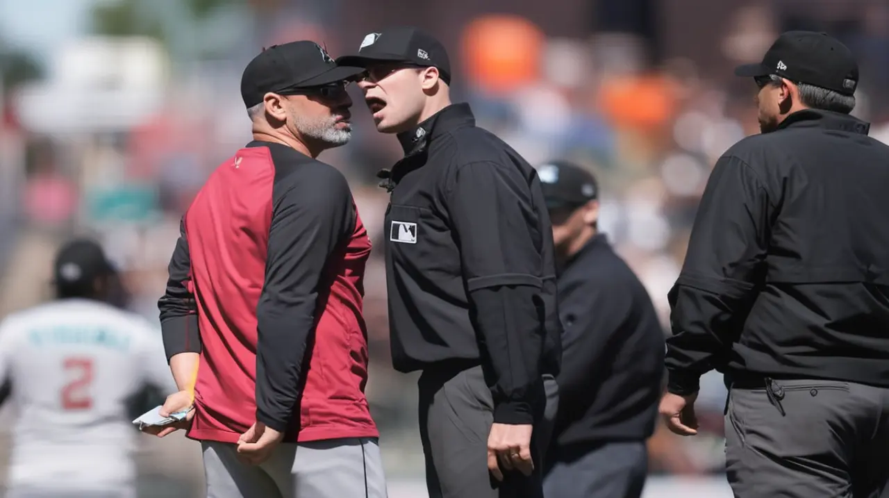 El mánager de los Diamondbacks, Lovullo, fue despedido del partido y posteriormente se dirigió hacia la zona de los árbitros para expresar su inconformidad con las decisiones tomadas por ellos.. Fo