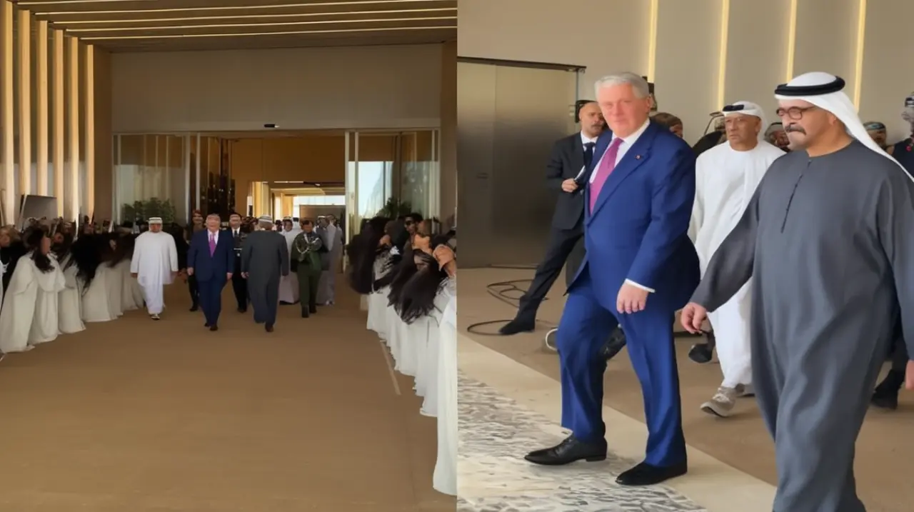 La bienvenida de Donald Trump en Abu Dhabi se vio marcada por un gesto inusual, el 'baile del cabello', que generó una reacción interesante en el presidente.. Foto: Redacción InfoArticulos