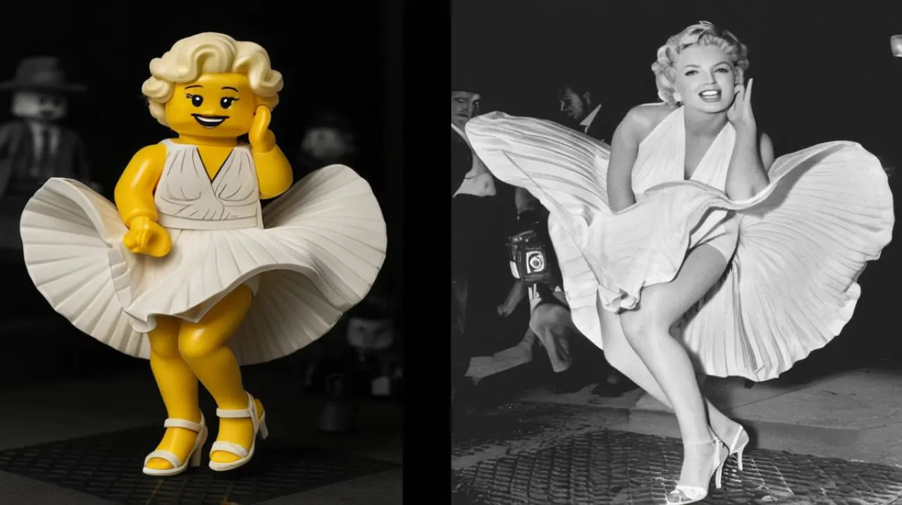 Marilyn Monroe apareció hoy en un sorprendente anuncio del mundo de los juguetes, específicamente en una versión especial del popular juego 'Lego'.. Foto: Redacción InfoArticulos